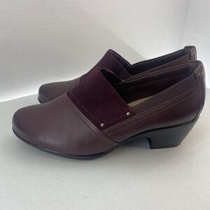 Clarks Women Emily Loafers US 7.5 Step Slip‎ On Block Heel Burgundy Leather